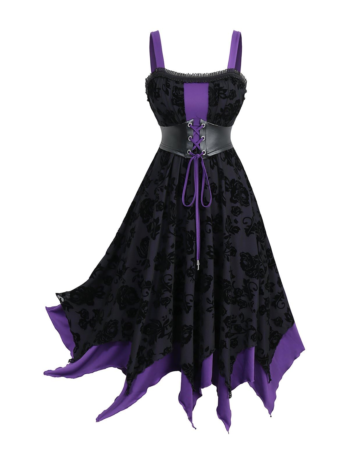 Rosegal Plus Size Women Goth Vintage Layered Handkerchief Corset Dress Ruffles Lace-up Rose Flocking Midi Gothic Halloween Witch Costume Dress(Purple_1/1X)