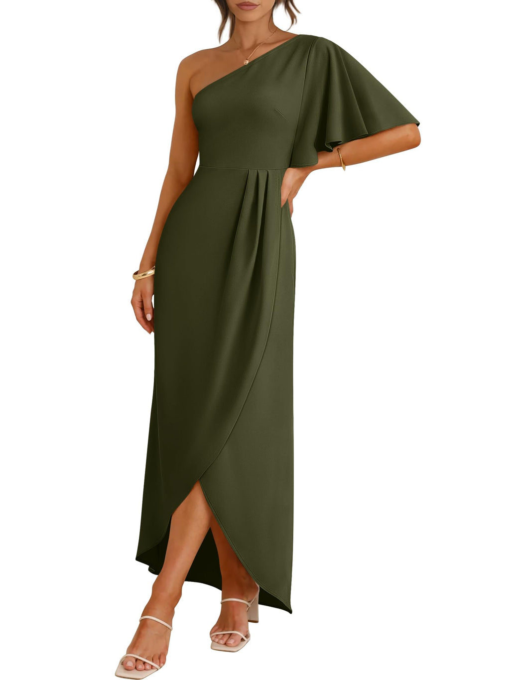 ANRABESS Womens One Shoulder Formal Midi Dresses 2026 Summer Wrap High Slit Beach Wedding Guest Party Cocktail Maxi Dress Army Green Small