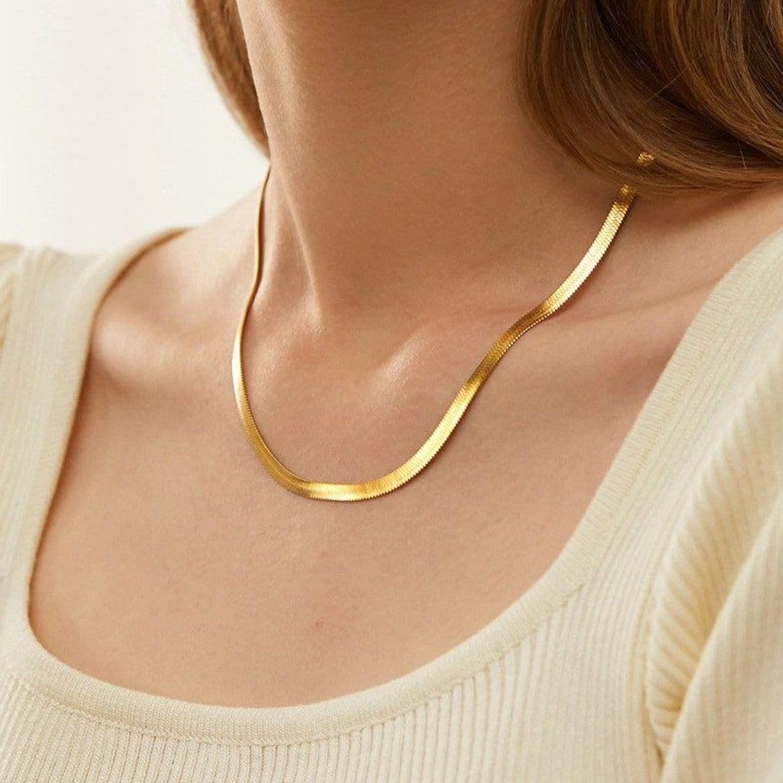 CHESKY Herringbone Necklace for Women, Dainty Gold Chain Necklace 14k Gold Plated 5MM Flat Snake Chain Necklaces Thick Chunky Chain Choker Necklaces for Women jewelry