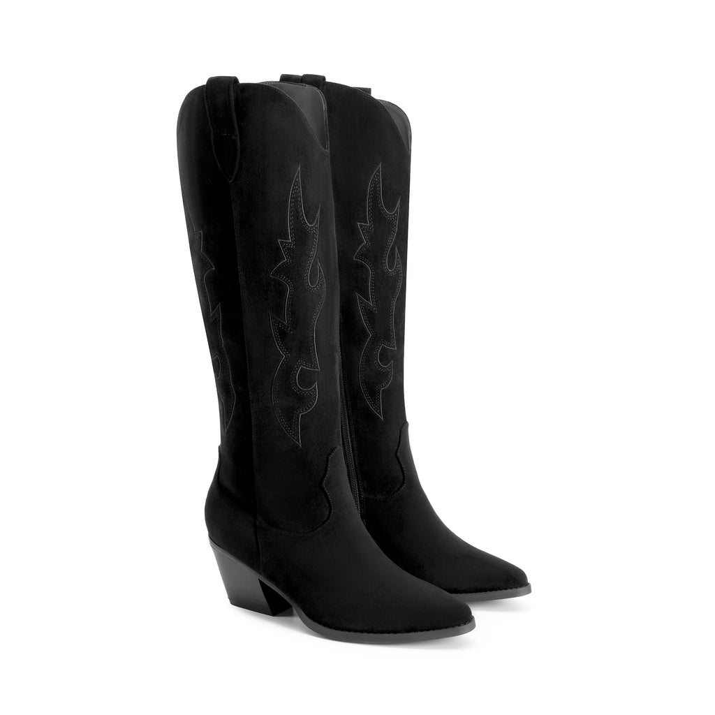 DREAM PAIRS Cowgirl Boots Women Knee High Cowboy Boots Pointed Toe Chunky Block Heel Suede Tall Western Boots with Embroidered,Size 8,Black,SDKB26001W