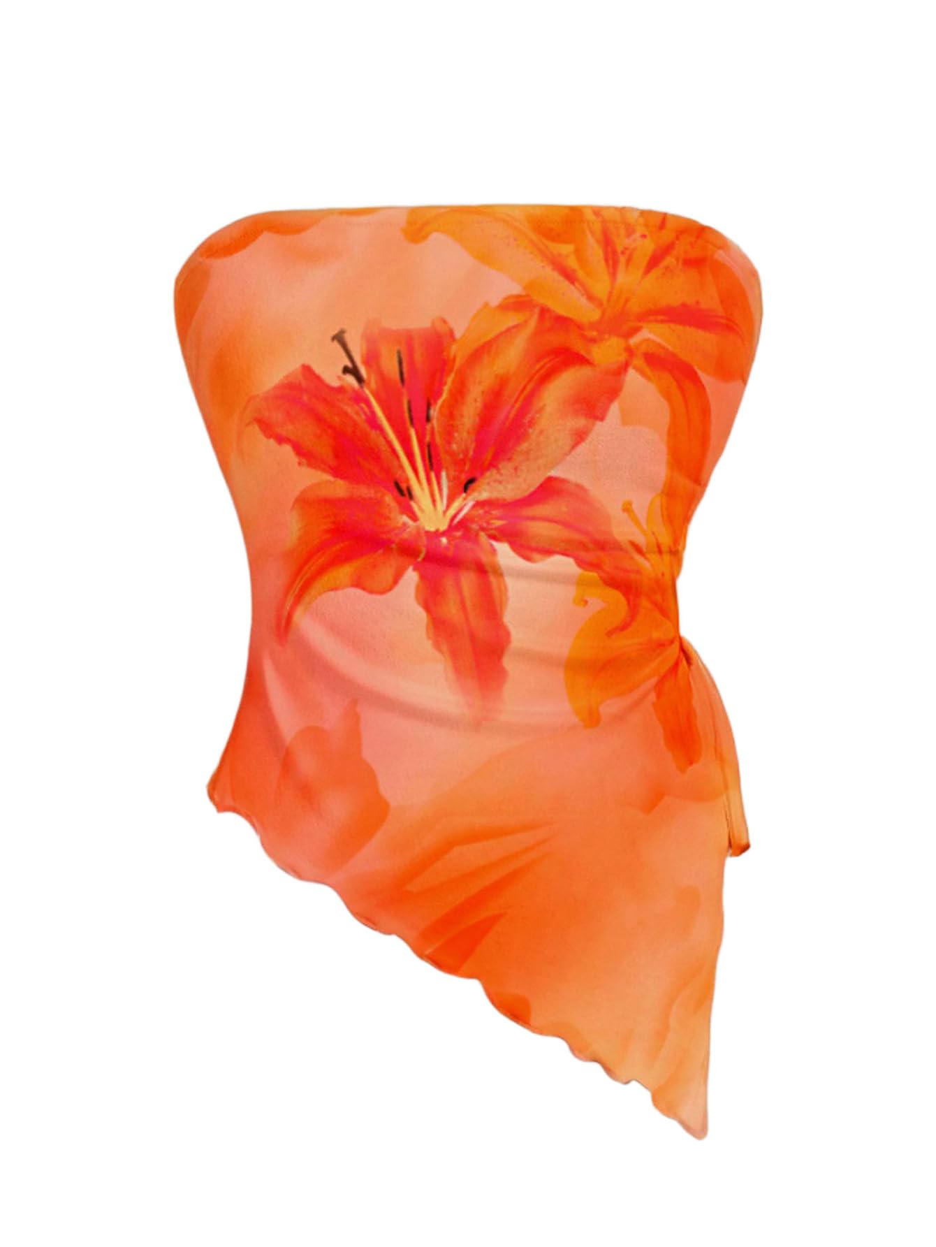 WDIRARA Women's Floral Mesh Strapless Side Ruched Tube Top Asymmetrical Hem Bandeau Crop Tops Orange X-Large