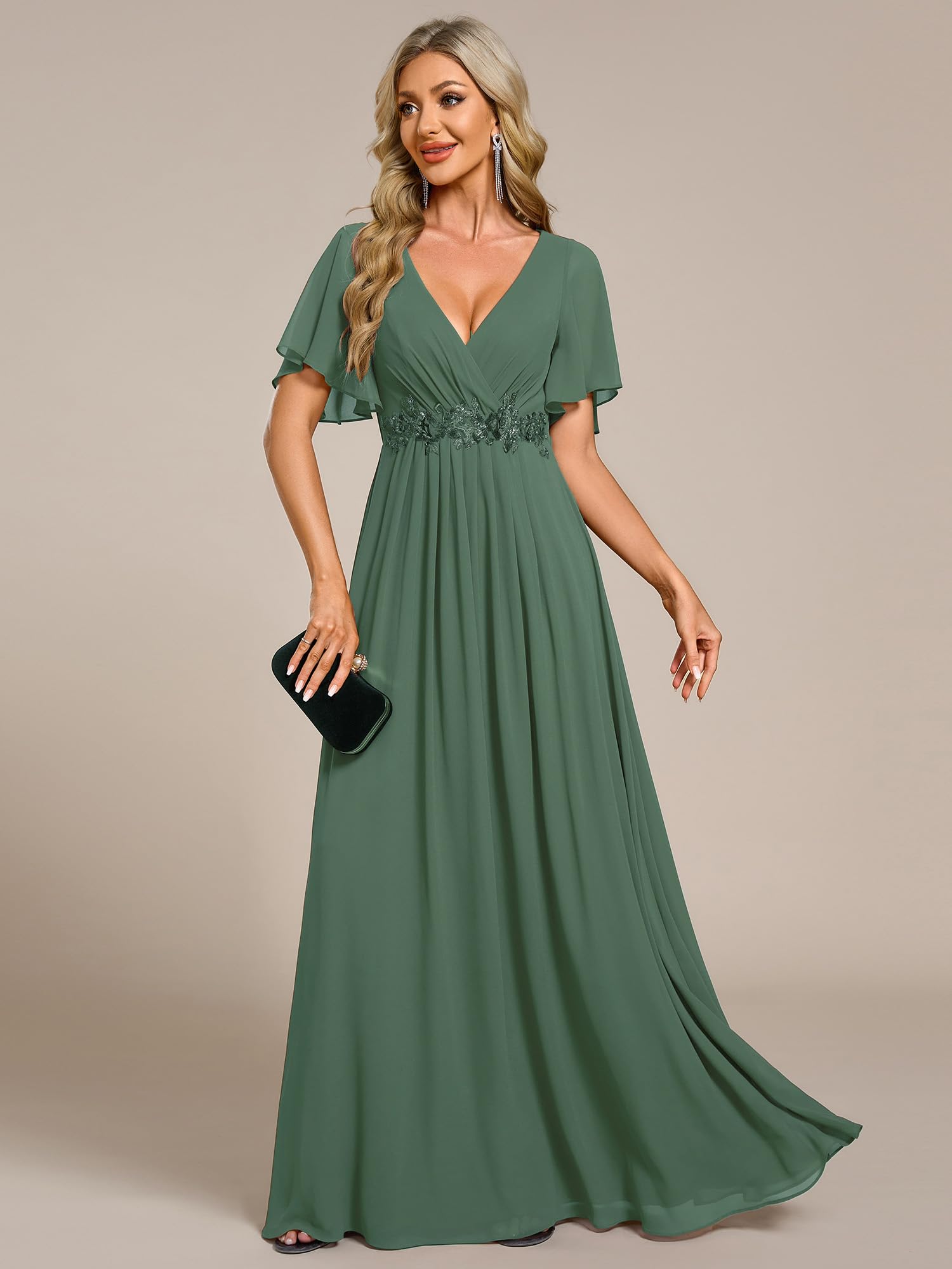 Ever-Pretty Women's Chiffon V-Neck Mother of Bride Dresses A-Line Ruched Short Sleeves Appliques Bridesmaid Dress Formal Gown Eucalyptus Green US12