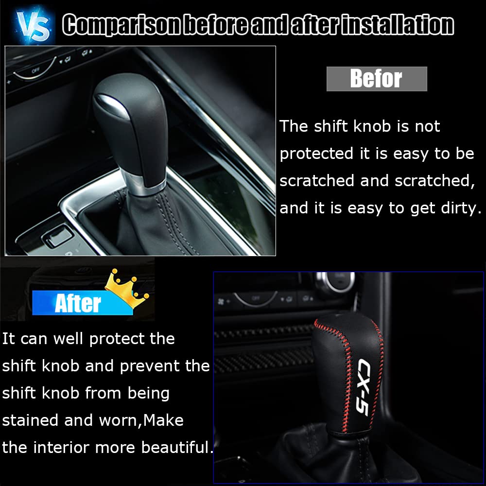 Kakash Custom Interior Accessories for Mazda CX-5 2017 2018 2019 2020 2021 2022 Leather Automatic Gear Shift Knob Cover,Transimission Boots Shift Lever Leather Sheath(Red Stitches)