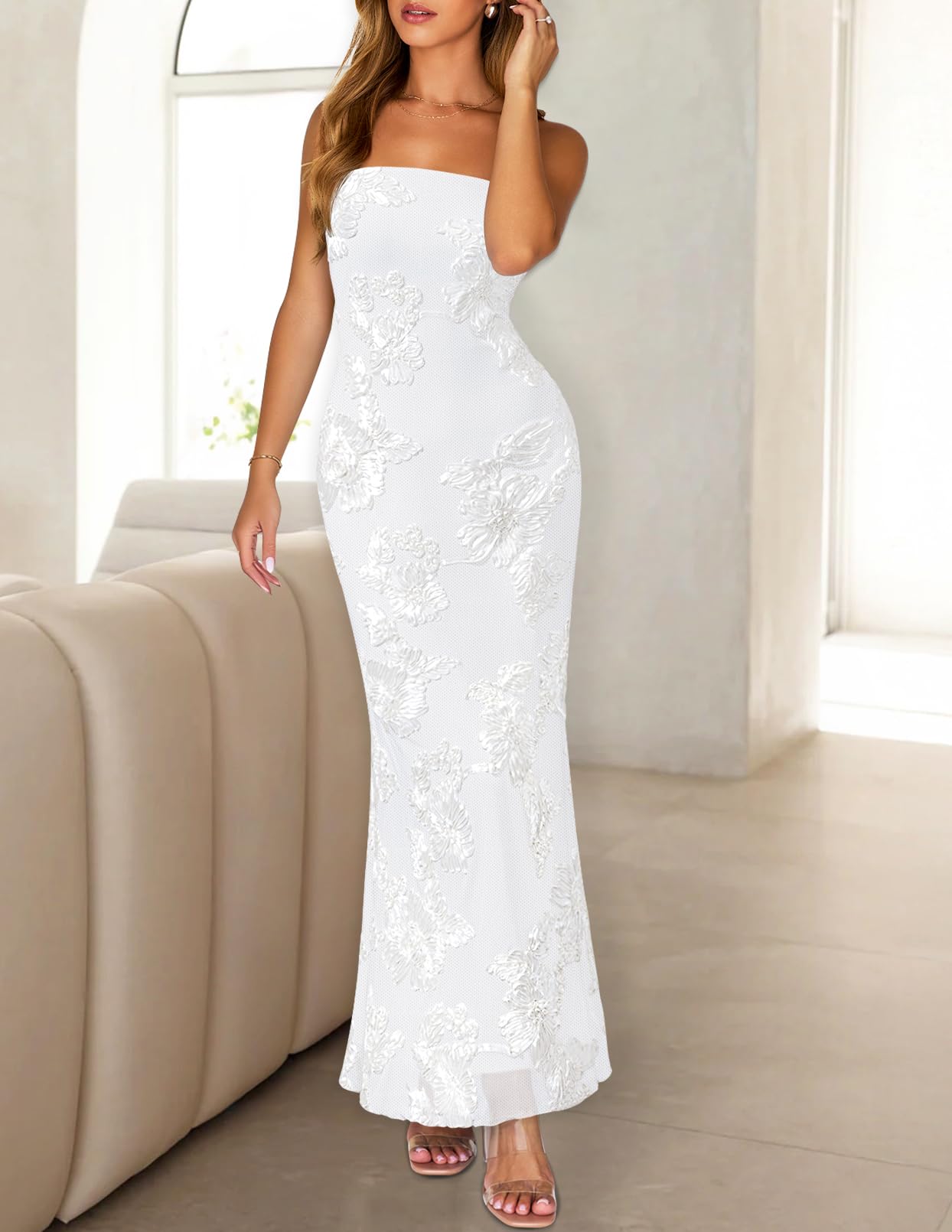 MEROKEETY Women's Floral Strapless Maxi Dress 2026 Summer Mesh Tube Bodycon Formal Wedding Guest Cocktail Party Long Dresses, White, Medium