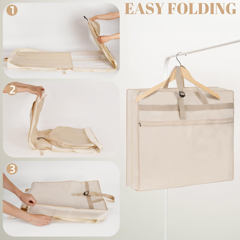 TANGKA Wedding Dress Garment Bag,72’ Tri-Fold Bridal Gown Bag with 6 Pouches and Adjustable Buckle Gown Cover for Wedding/Prom/Travel/Closet Storage (Beige)