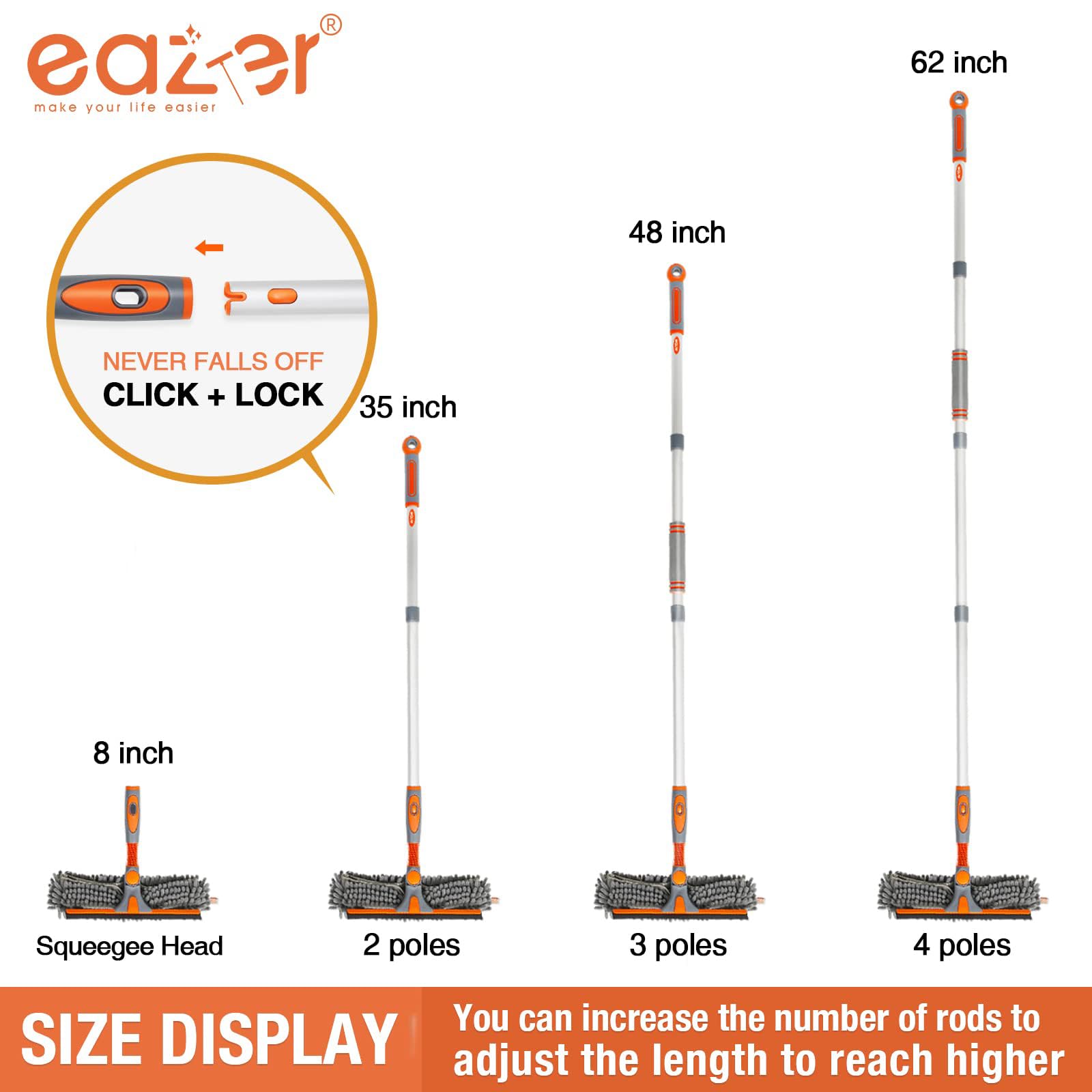 Eazer Squeegee Window Cleaner Tool, 2 in 1 Rotatable Window Cleaning Squeegee Kit with Extension Pole, 62'' Window Washing Kit, Bendable Head for Car Glass - 2 Scraper