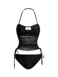 WDIRARA Women's Halter Tankini Set Cut Out Sheer Tie Side High Cut Swimsuit 2 Piece Bathing Suit Black X-Large
