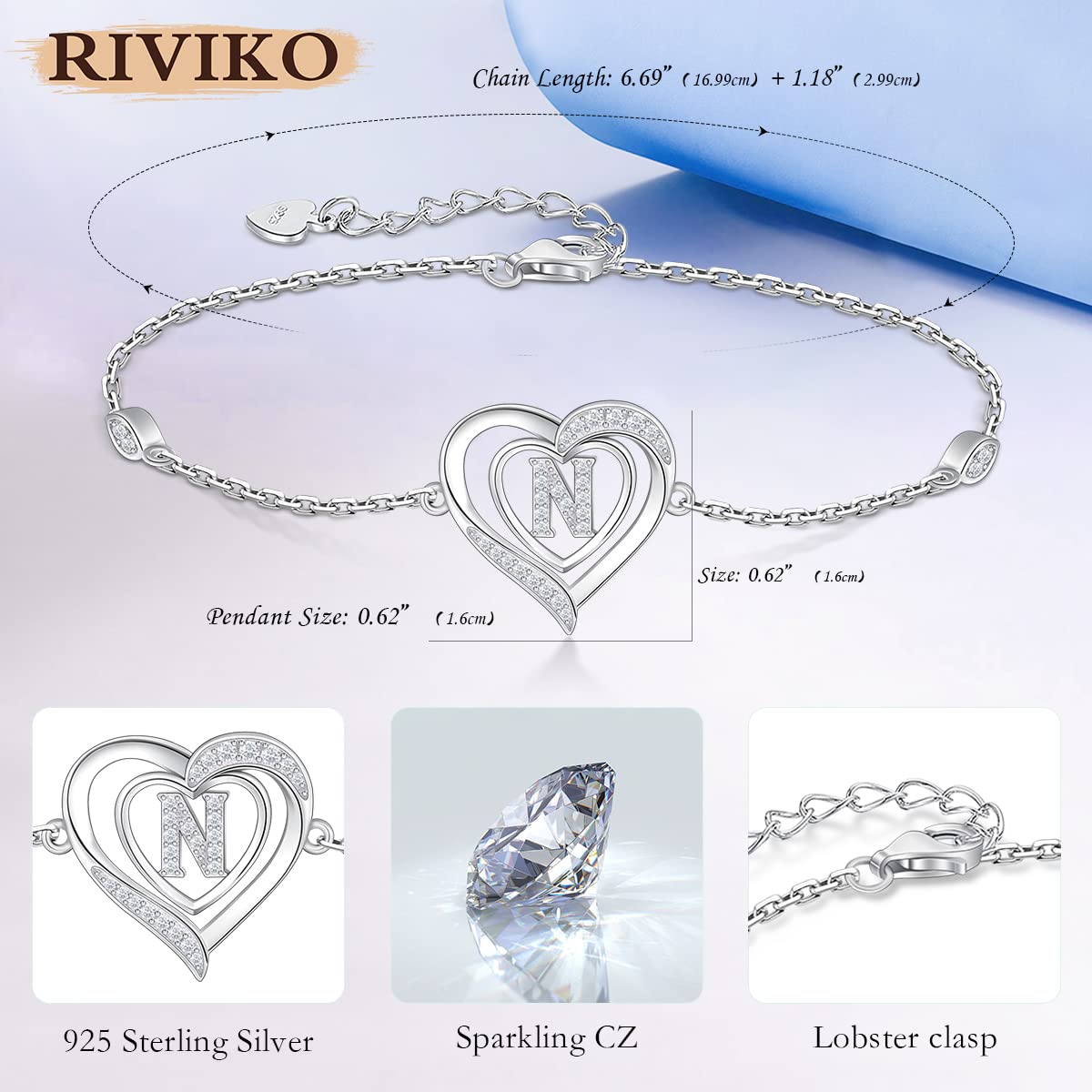 RIVIKO Heart Initial Bracelets for Women, 925 Sterling Silver Letter N Bracelets,Mothers Day Gifts for Wife