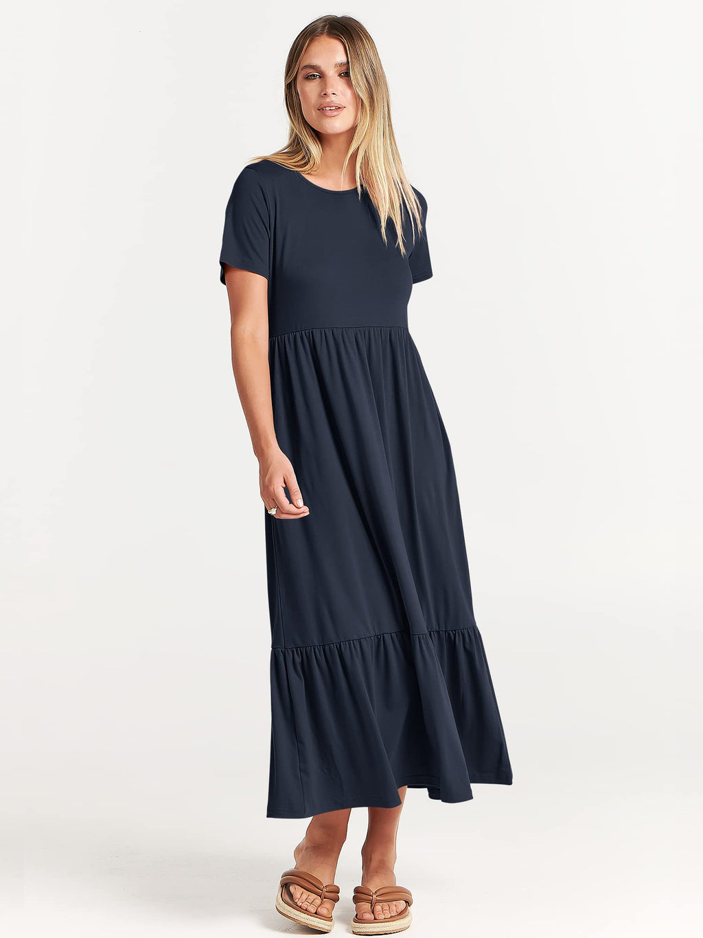 ANRABESS Womens 2025 Summer Casual Maxi Dress A line Tiered Flowy Short Sleeve Crewneck T Shirt Beach Travel Long Dresses X-Large Navy Blue