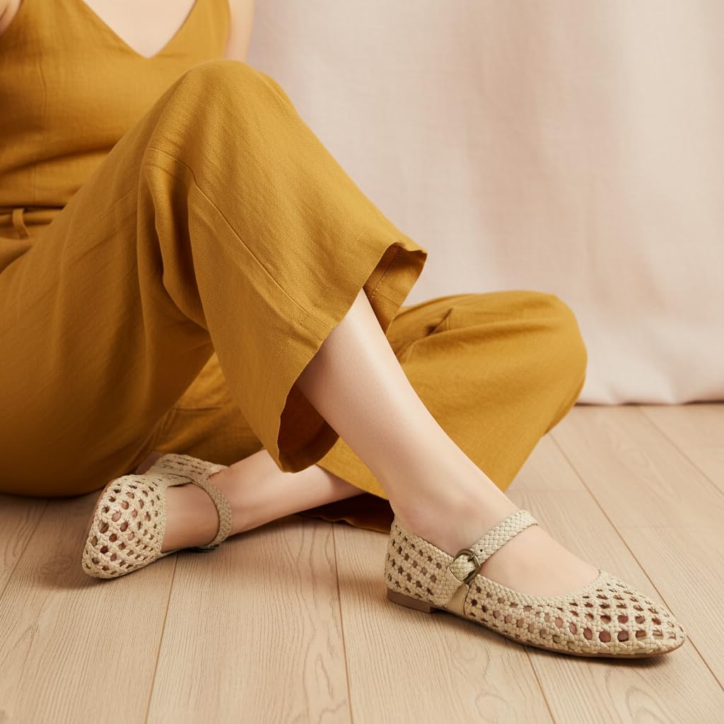 CUSHIONAIRE Weston Hand Woven Mary Jane Flats for Women, Comfortable Dressy Ballet Flats with Braided Adjustable Buckle and Memory Foam Cushioning, Wheat 9