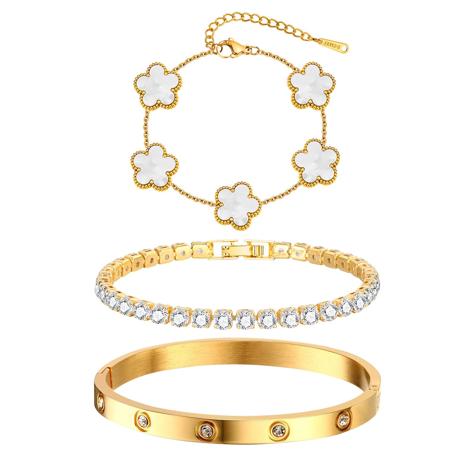 MPRAINBOW 18K Gold Plated Stainless Steel Womens Stackable Floral Bracelet Set, Bangle Chain Non Tarnish, Trendy Jewelry Gifts for Girlfriend, Christmas, Valentines, Birthday, White, 3Pcs