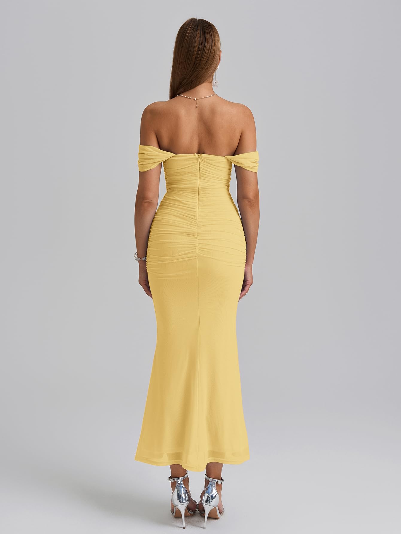 KUTUMAI Off The Shoulder Maxi Long Dress Corset Ruched Bodycon Cocktail Formal Wedding Guest Dresses for Women Yellow M