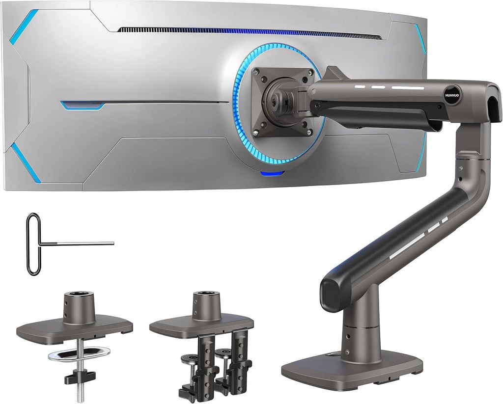 HUANUO TitanLift Heavy Duty Monitor Arm for Screens up to 49", Holds 44 lbs, Aluminum Ultrawide Screen Desk Mount, Fully Adjustable Single Gaming Monitor Mount with Dual C-Clamp, Max VESA 100x100mm