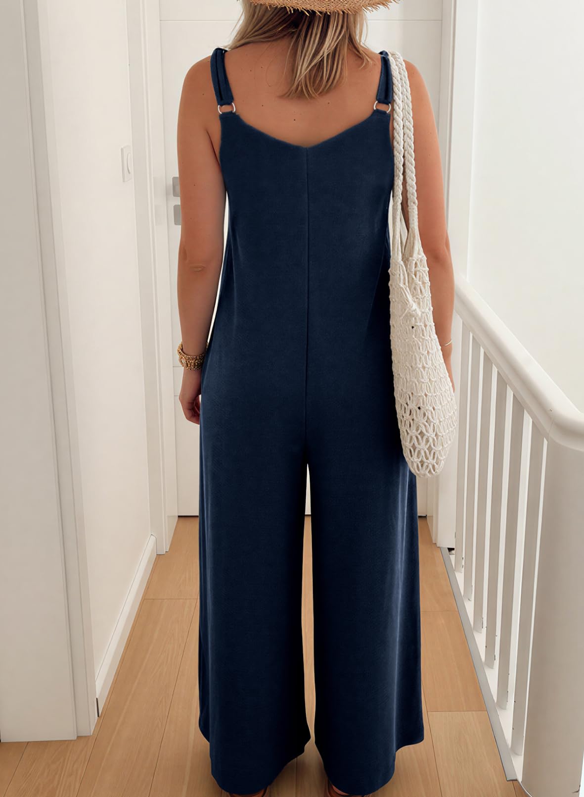 Acelitt Women Casual 2026 One Piece Jumpsuits Dressy Fashion Summer V Neck Sleeveless Loose Wide Leg Long Pant Rompers Outfits Blue XL