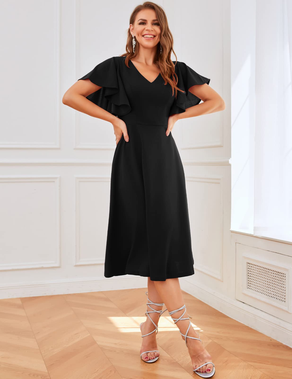Bridesmay Women's Plus Size Cocktail Party Dresses Short Sleeve Formal Church Midi Dresses - Black 3XL