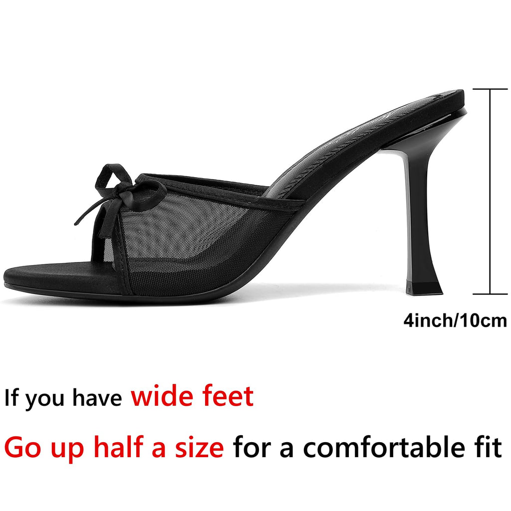Mostrin Black Mesh Mules Heels with Bow Open Round Toe Stiletto High Heels for Women Dress Slip On Backless Heeled Sandals for Party Holiday Size 7