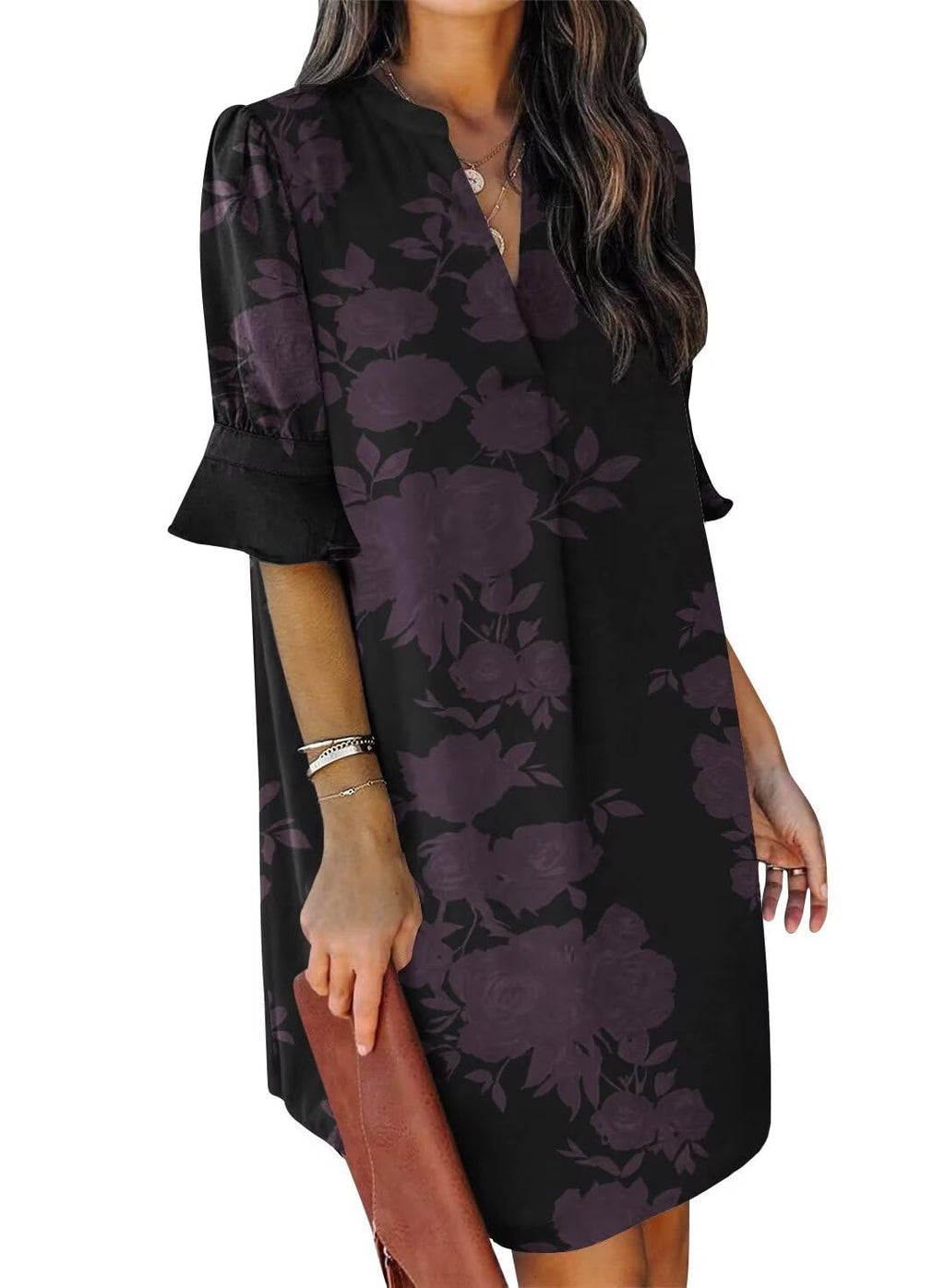 QACOHU Women's Ruffle Dresses Short Sleeve V-Neck Straight Casual Boho Elegant Simple Tunic Dress Dark Rose L