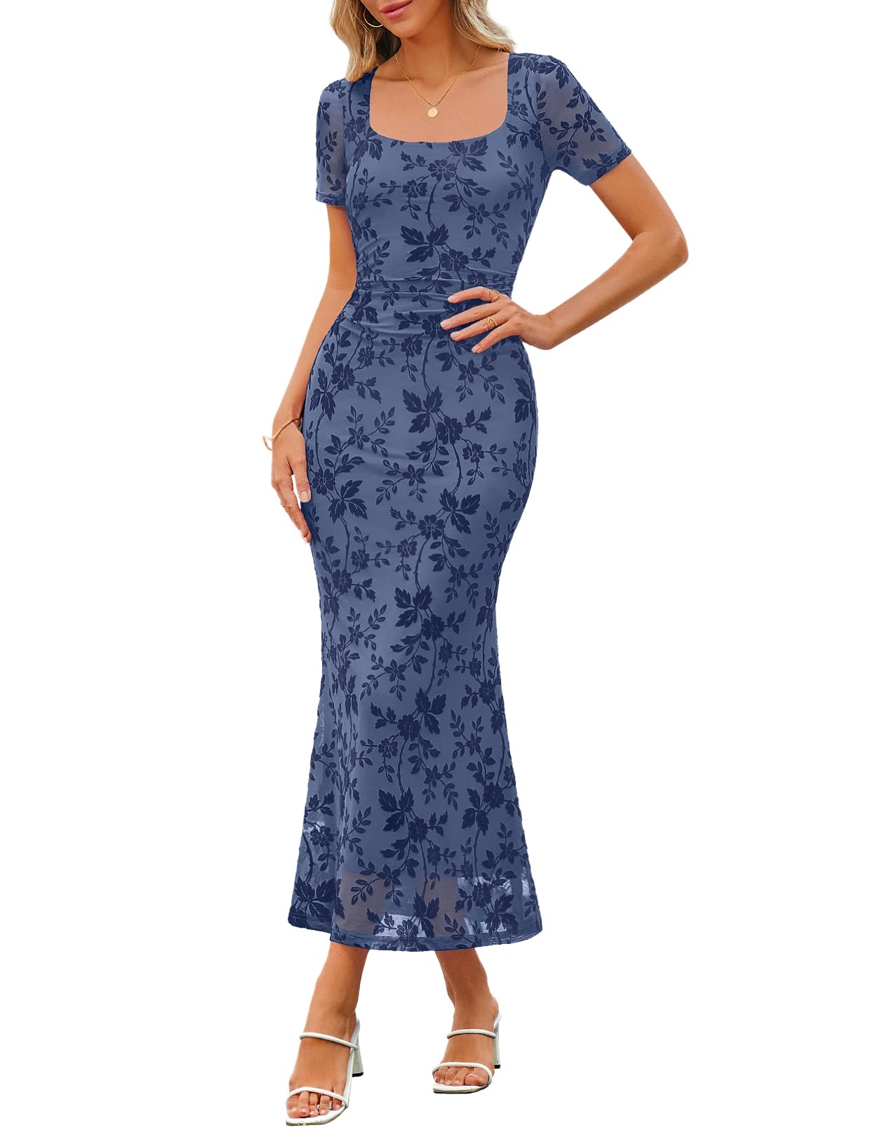 MEROKEETY Women Summer Floral Bodycon Maxi Dress 2026 Spring Wedding Guest Square Neck Short Sleeve Mesh Cocktail Party Dress, Dusty Blue, X-Small