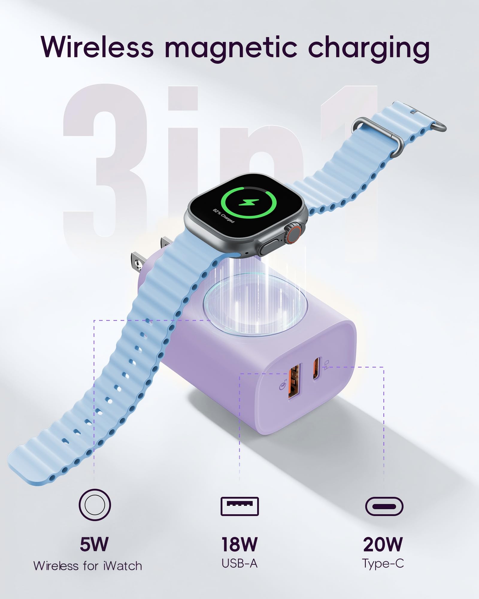 VRURC Charger for iPhone & Apple Watch, 20W USB C Fast Charging Block, 3-in-1 Compact Travel Adapter with 2 Port for iPhone 17/16/15/14/13, Wireless Magnetic for iWatch SE/11/10/9/8/7/6/5/4-Purple