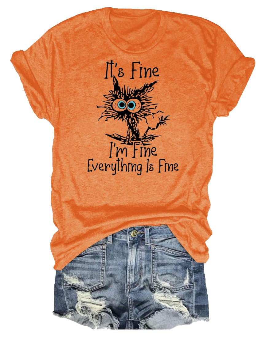 Women's I'm Fine Everything is Fine T-Shirts Short Sleeve Sayings Oversized Casual Cute Cat Graphic Tee Blouse Tops S Orange