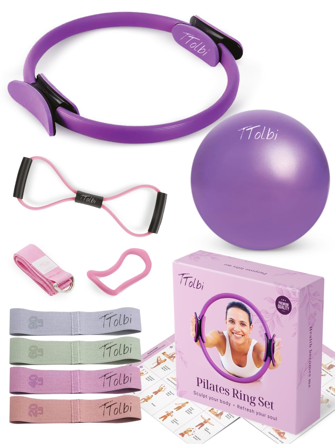 TTolbi Pilates Equipment - 10-in-1 Pilates Ring and Ball Set | Home Pilates Essentials Kit for Women & Accessories for at Home Workouts to Tone, Strengthen, Balance & Improve Flexibility