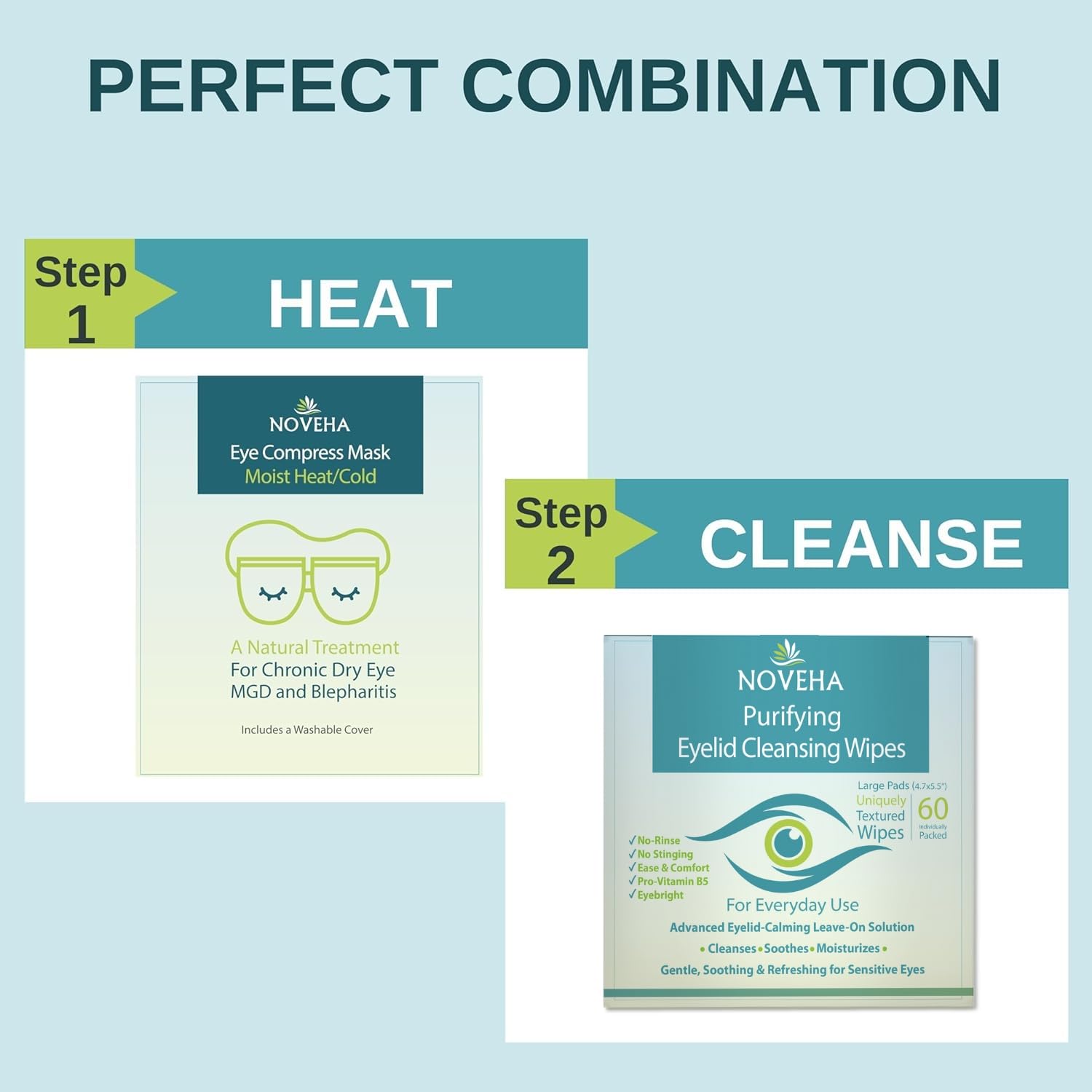NOVEHA Eyelid & Lash Wipes | For Itchy, Dry Eyes, Styes & Blepharitis | lid and lash Cleansing Wipes, Hypoallergenic & Soothing For Sensitive Eyes, Pack of 60
