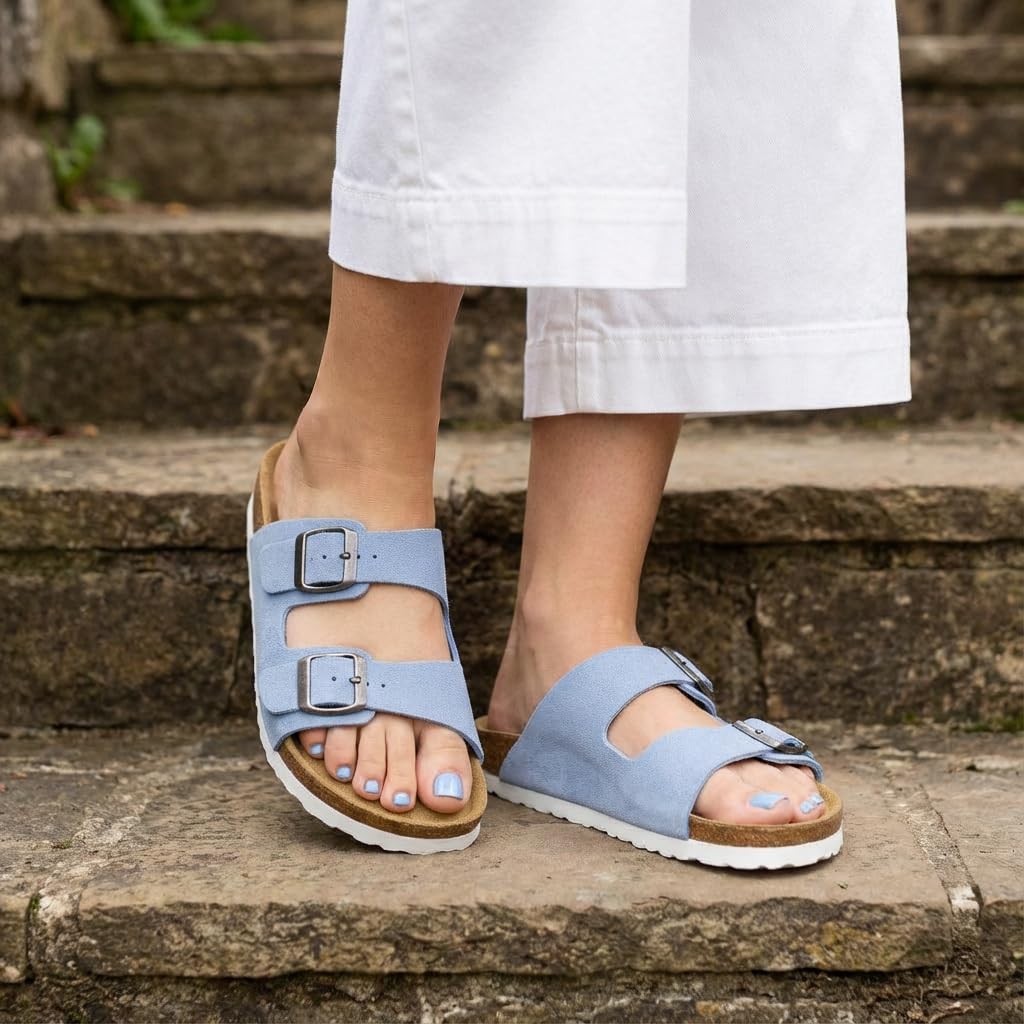 CUSHIONAIRE Lane Cork Footbed Womens Sandals Comfortable Double Buckle Slip On Sandals for Women with Arch Support and Classic Two Strap Design, BLUE 11