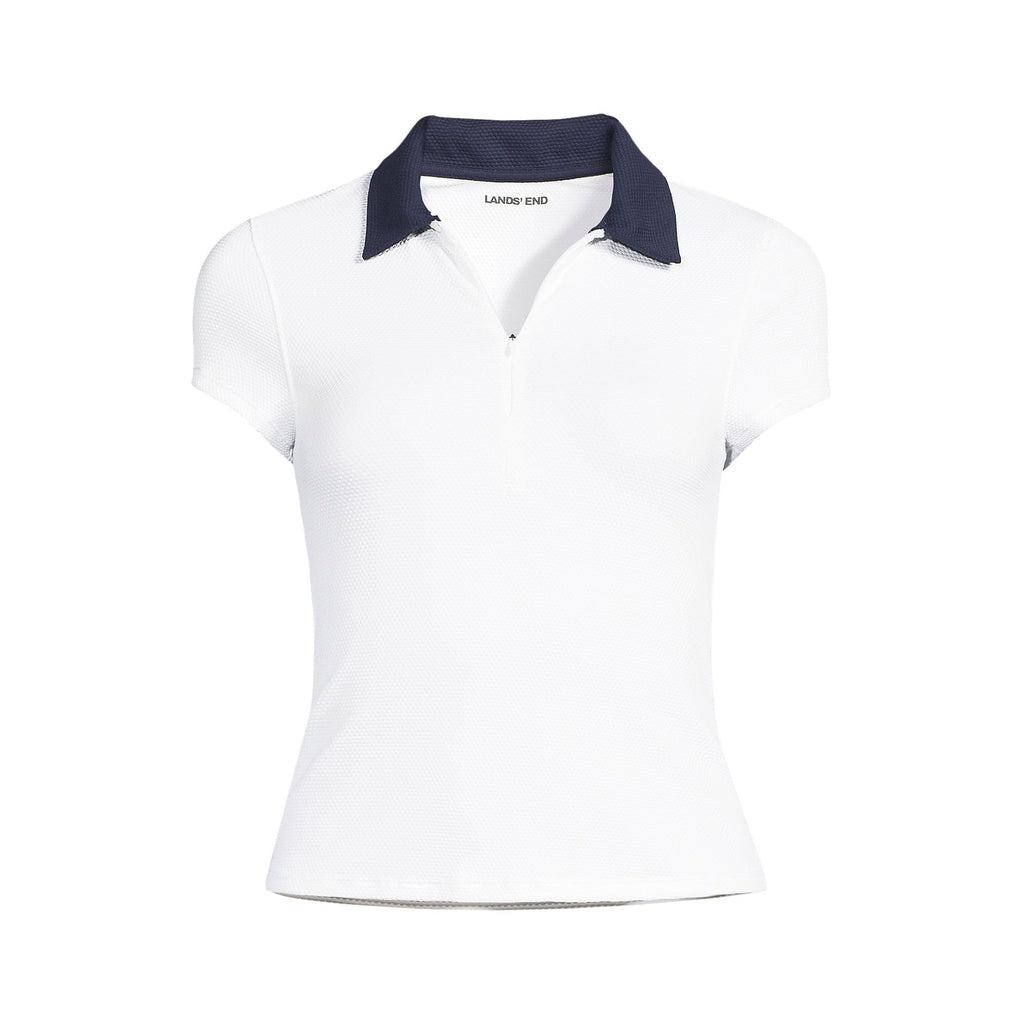 Lands' End Women's Long Sunshade UPF 50 Short Sleeve Pique Johnny Collar Rash Guard X-Small White/Deep Sea Navy