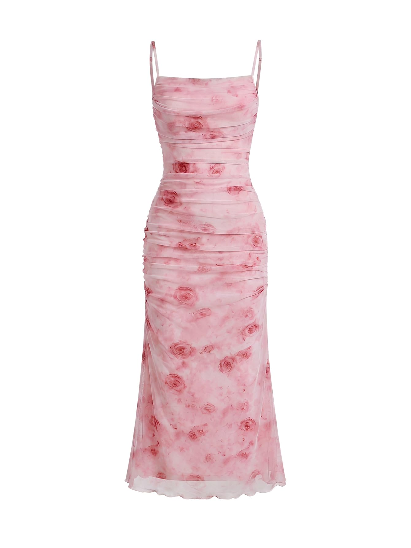 WDIRARA Girl's Floral Print Square Neck Mesh Sleeveless Ruched Cami Dress Party Bodycon Dresses Pink Multi 12Y