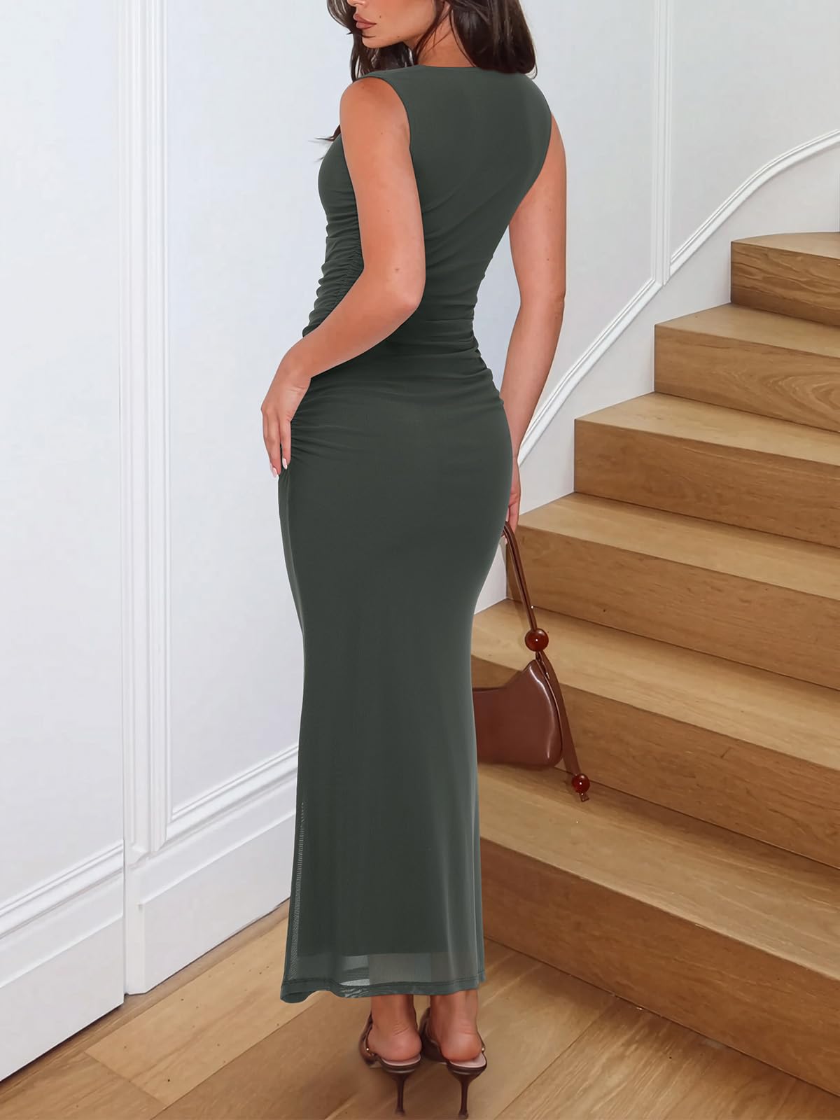 REORIA Summer Wedding Guest Maxi Dresses for Women Sleeveless Square Neck Sheer Mesh Ruched Bodycon Long Dress Trendy Clothes Thyme Small