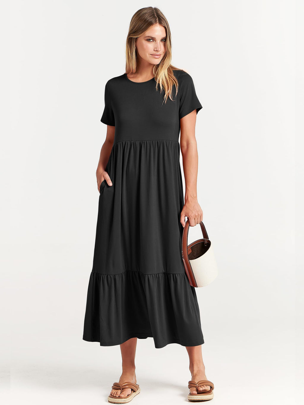 ANRABESS Womens 2025 Summer Casual Maxi Dress A line Tiered Flowy Short Sleeve Crewneck T Shirt Beach Travel Long Dresses Black Small