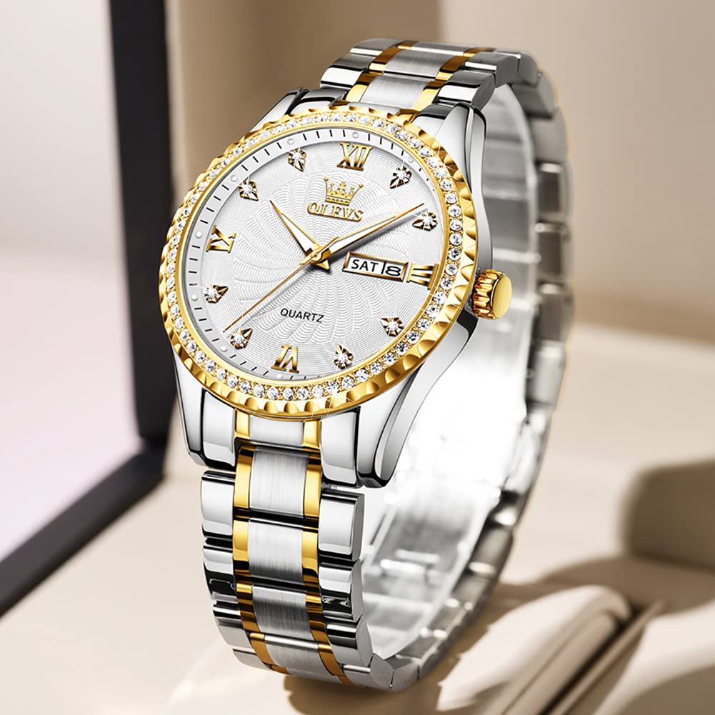 OLEVS Watch for Men Silver Stainless Steel Diamond Male Watches Analog Quartz Luminous Date Day Mens Watch Gift
