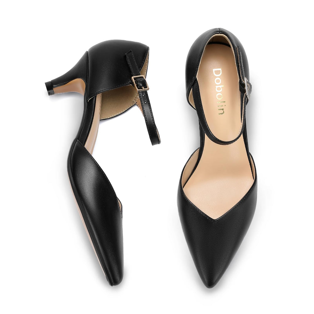 DOBOLIN Comfort Kitten Heels Pumps for Women Low Heels Ankle Strap Elegant Pointed Closed Toe Dress Dance Shoes for Party Wedding, Size 6 Black