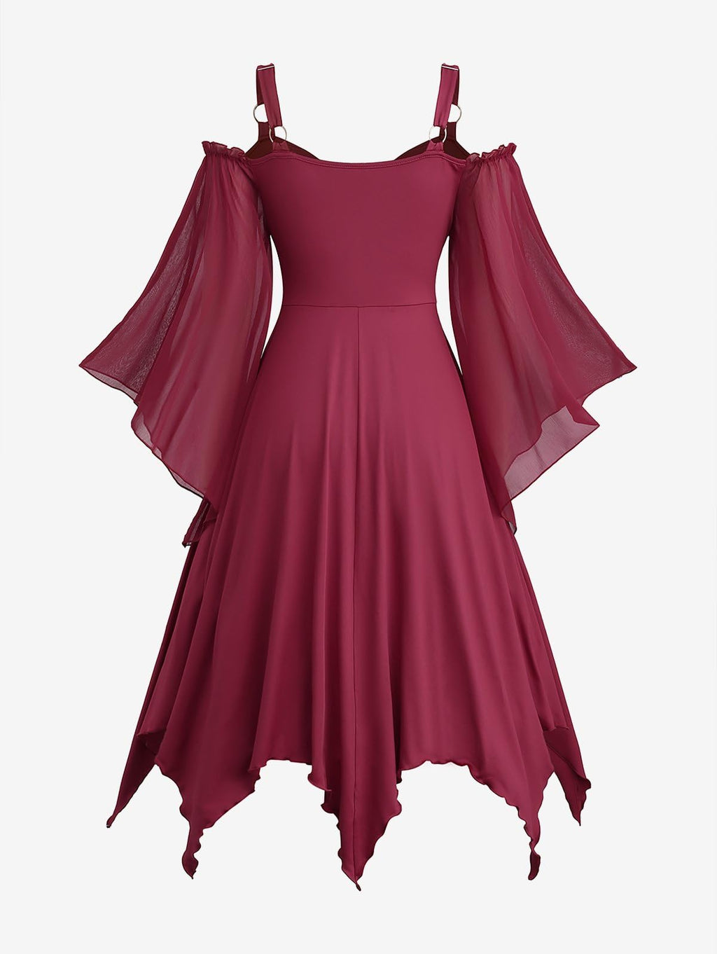 ROSE GAL Plus Size Renaissance Gothic Dress for Women Halloween Costume Dress Cold Shoulder Lace-up Handkerchief Hem Grommets Two Tone Layered Trumpet Sleeve Midi Dresses(Red/S)