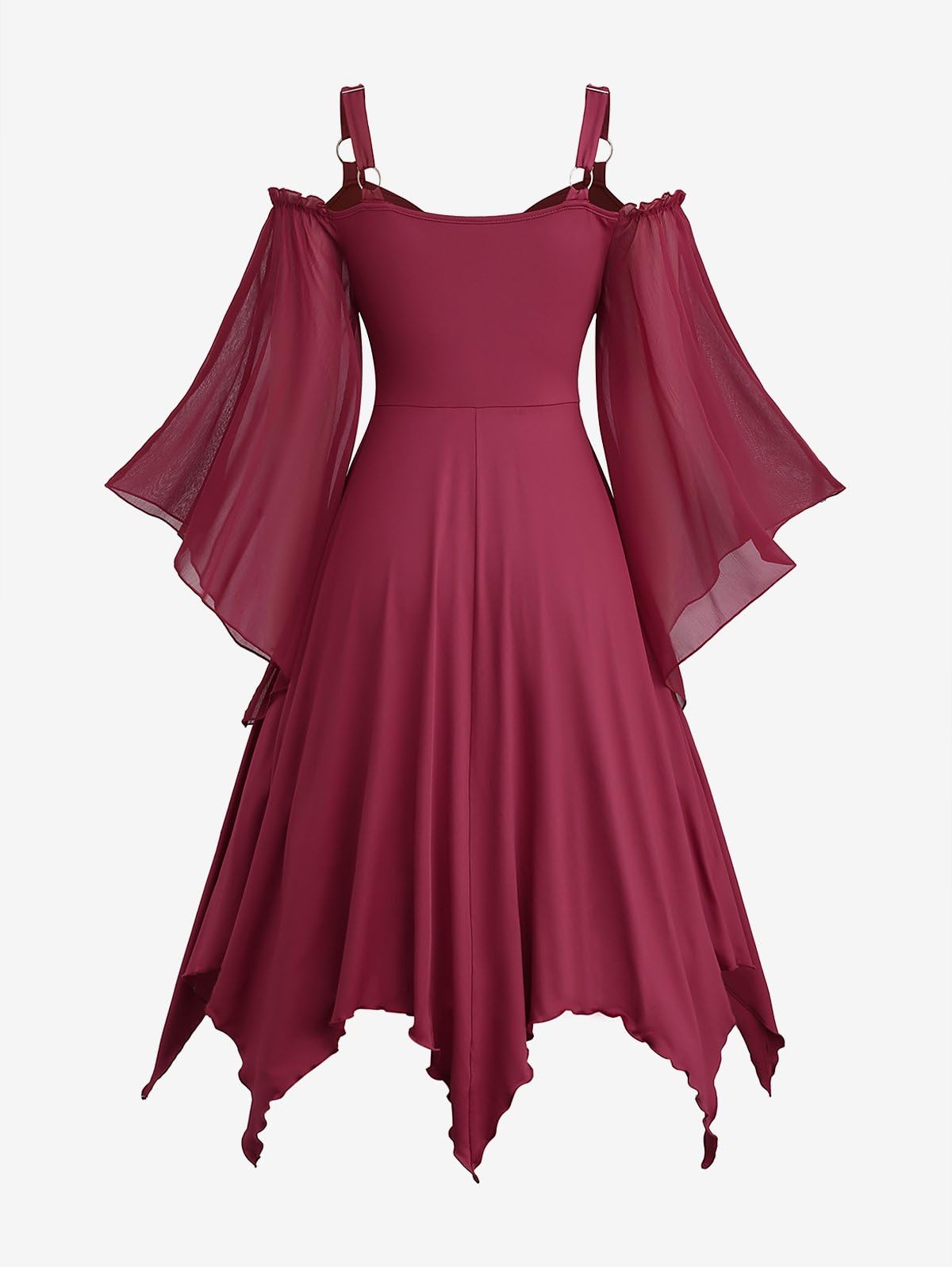 ROSE GAL Plus Size Renaissance Gothic Dress for Women Halloween Costume Dress Cold Shoulder Lace-up Handkerchief Hem Grommets Two Tone Layered Trumpet Sleeve Midi Dresses(Red/S)