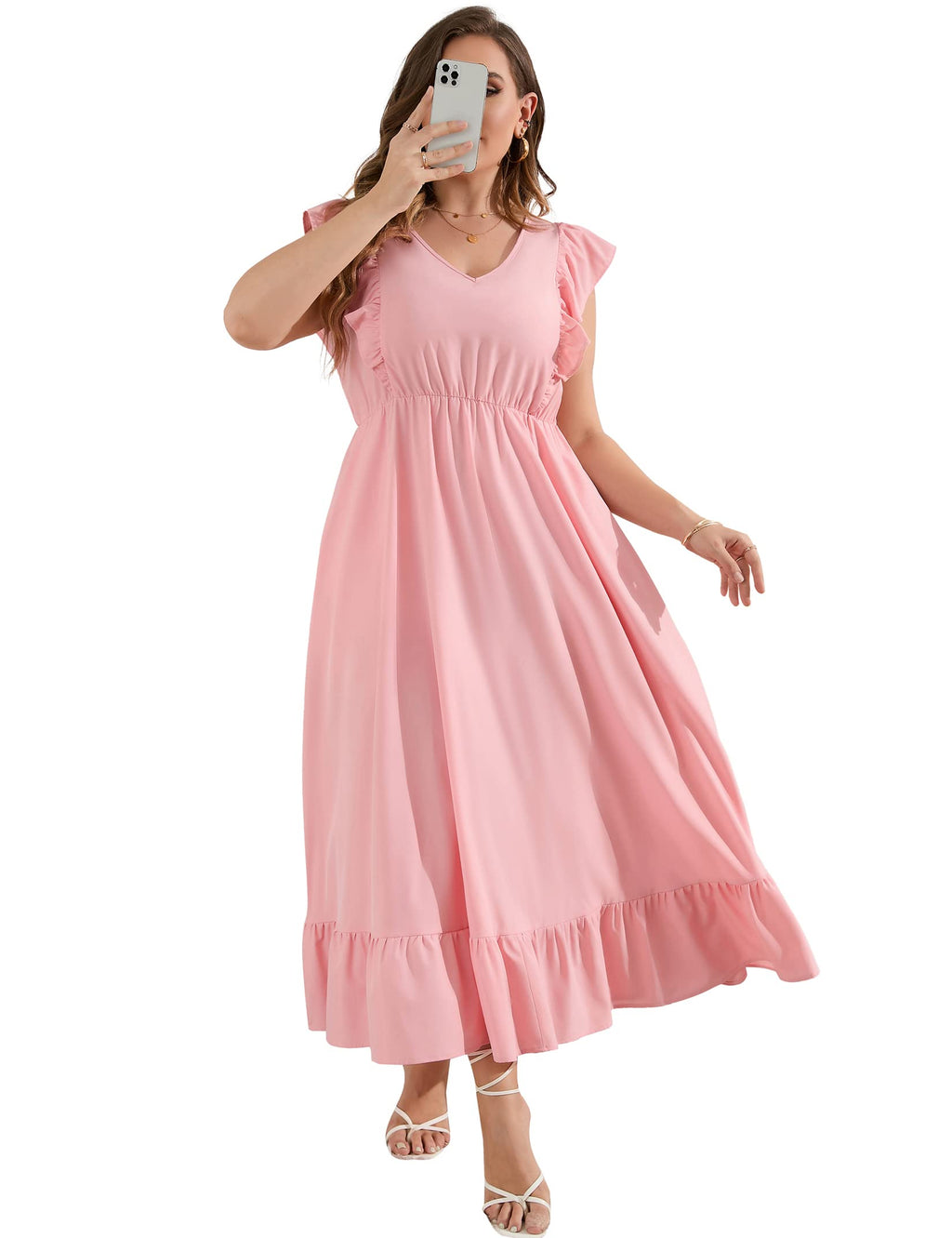 KOJOOIN Women's Plus Size Summer Dress with Pocket Ruffle Cap Sleeveless V Neck Side Split Long Beach Maxi Dress Pink XL