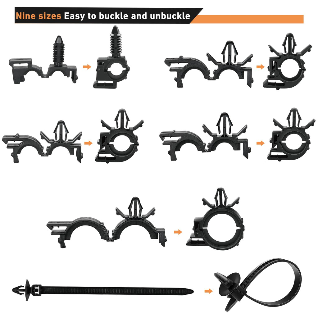 GOOACC 130Pcs Car Wire Loom Routing Clips Assortment - 9 Different Sizes Universal Wiring Harness Routing Clip Replacement Parts for Honda GM Mazda
