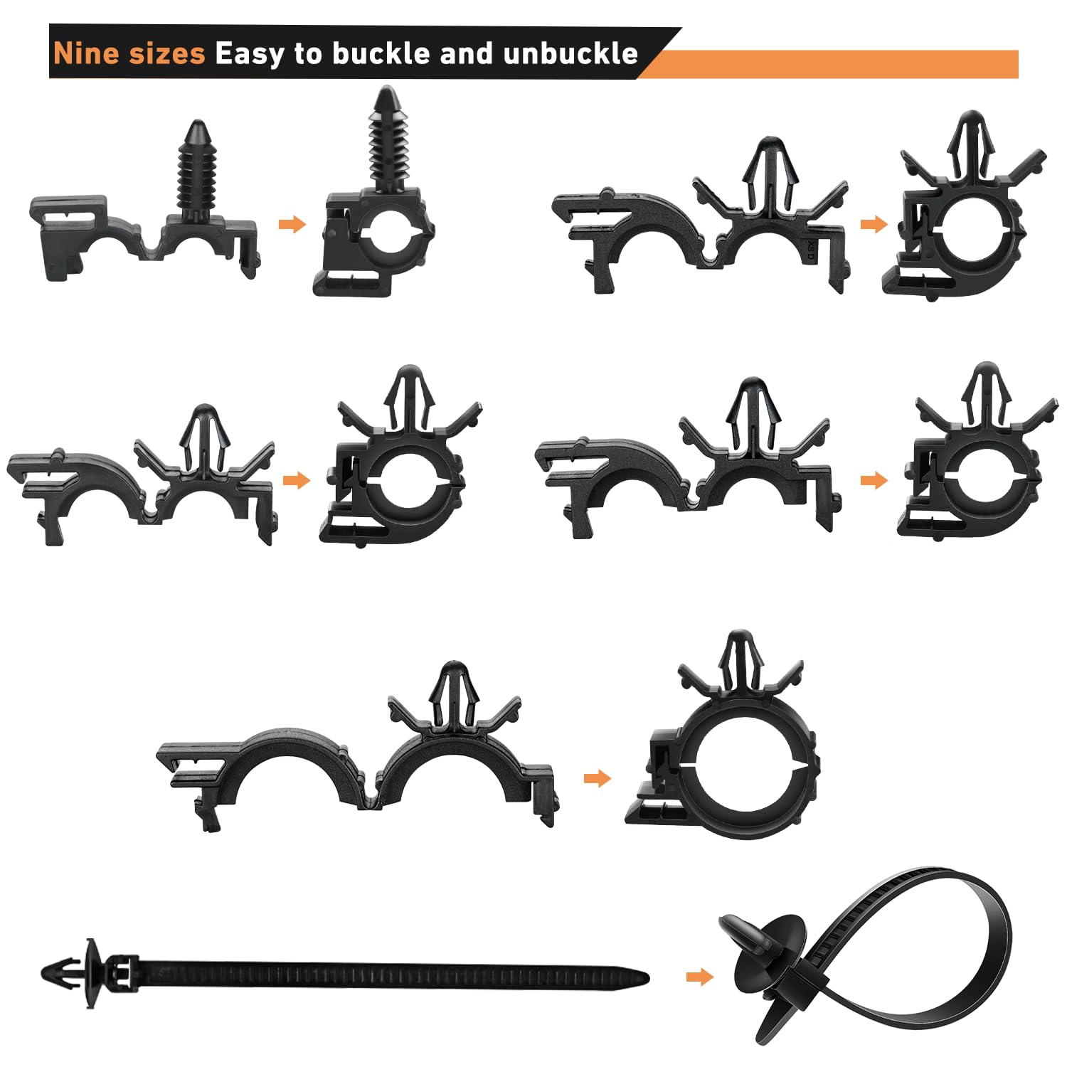 GOOACC 130Pcs Car Wire Loom Routing Clips Assortment - 9 Different Sizes Universal Wiring Harness Routing Clip Replacement Parts for Honda GM Mazda