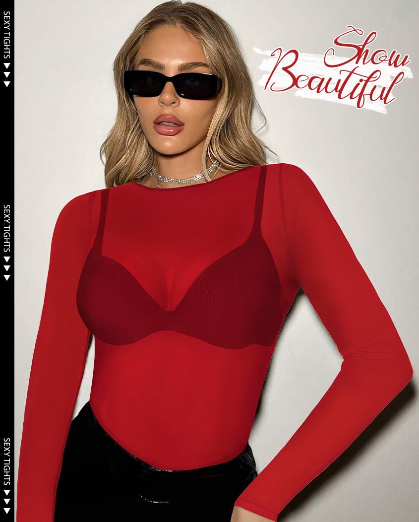 ZNVGIRL Women's Sheer Long Sleeve Top Mesh Slim Fit Tees See Through Blouse O Neck Clubwear(Bright Red,M)
