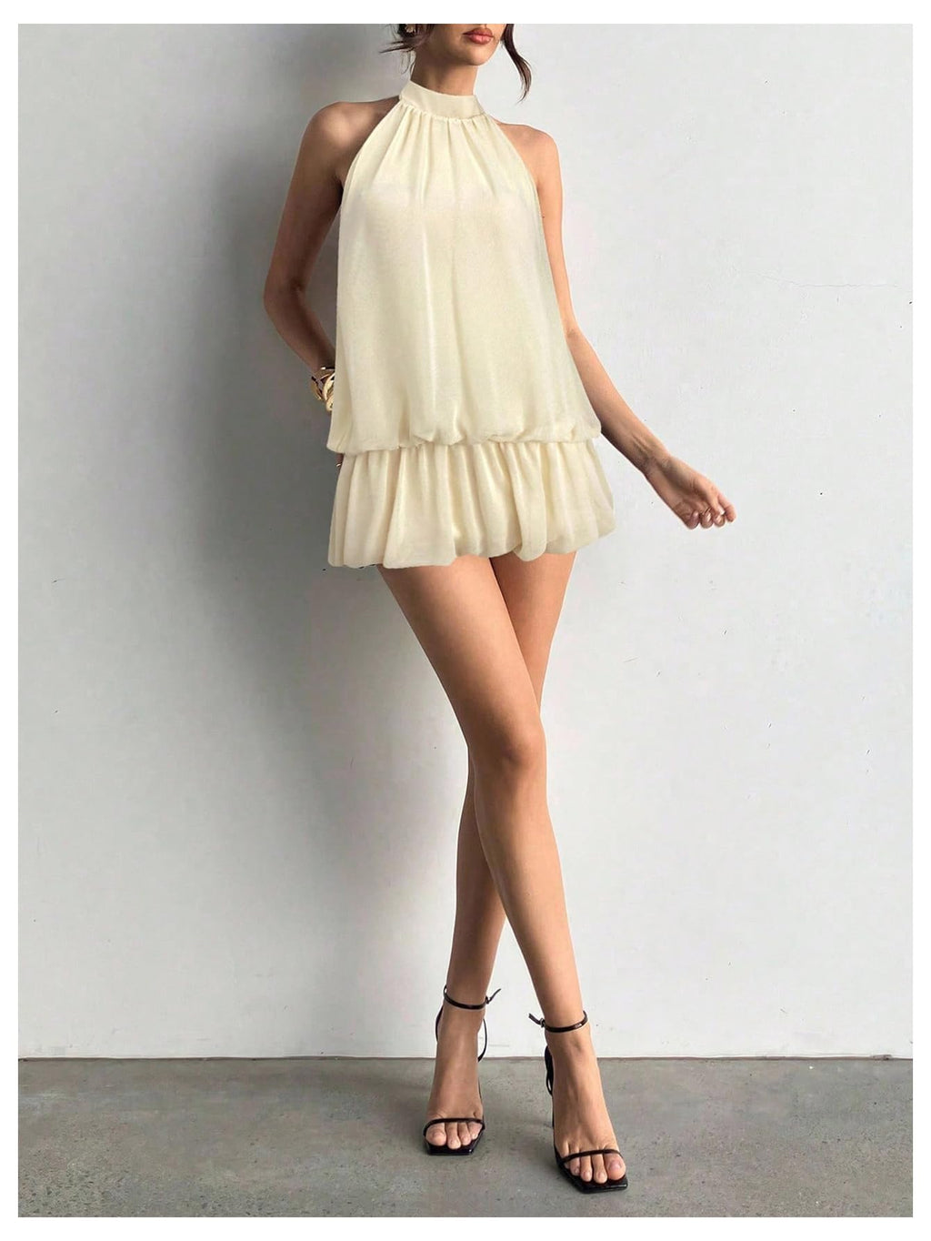 Floerns Women's Y2k Summer Halter Dress Tie Open Back Sleeveless Ruffle Hem Bubble Going Out Mini Dresses Apricot Small