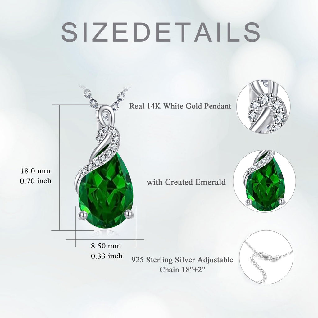 Yafeeso 14K Real White Gold Teardrop Created Emerald Necklace for Women Pear Cut Birthstone Pendant Necklaces Christmas Birthday Jewelry Gifts for Mom Wife Her, Sterling Silver Chain 18" + 2"