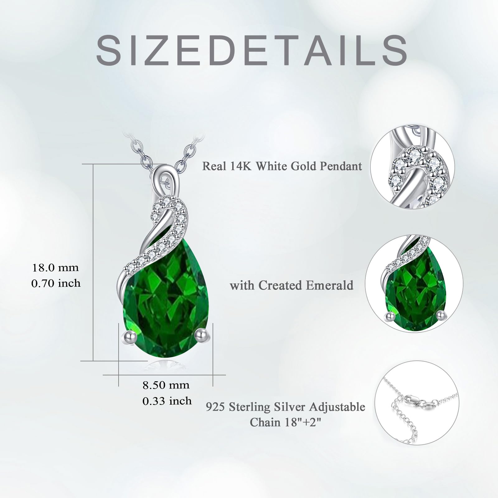 Yafeeso 14K Real White Gold Teardrop Created Emerald Necklace for Women Pear Cut Birthstone Pendant Necklaces Christmas Birthday Jewelry Gifts for Mom Wife Her, Sterling Silver Chain 18" + 2"
