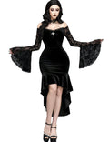 InGoticos Women Gothic Sexy Off Shoulder Flared Sleeves Lace Trim Patchwork Elegant Dress Without Choker Black