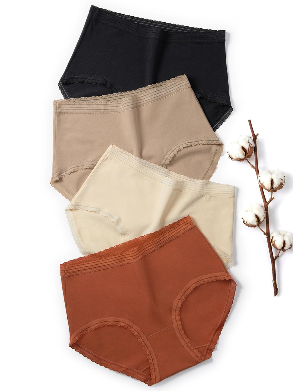 HOHOCHIN Cotton Underwear for Women: High Waisted Panties Briefs Lace Stretch Waistband Ladies Full Coverage Comfort 4 Pack (US, Alpha, Large, Regular, Regular, A-4 Pack-Multicolor)