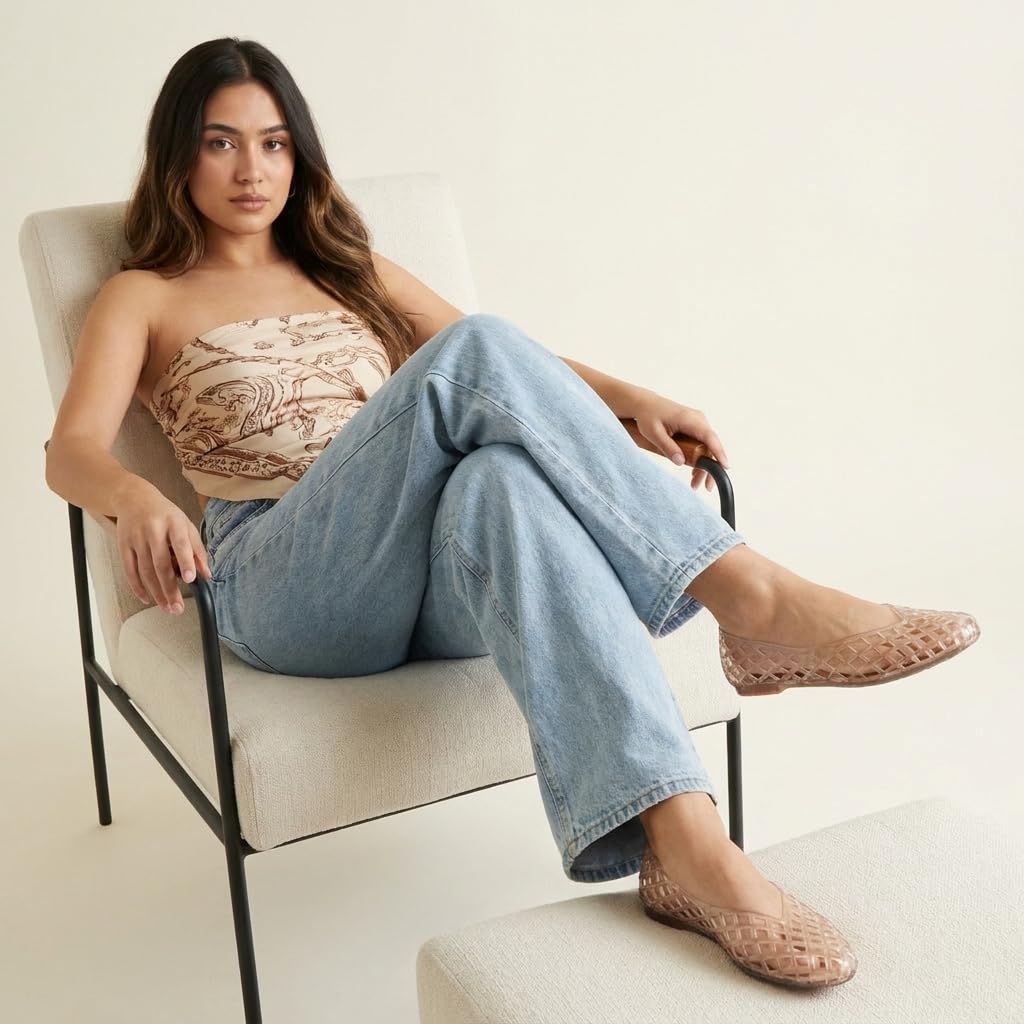 CUSHIONAIRE Siesta Modern Lattice Ballet Flats for Women, Comfortable Slip On Pointed Toe Womens Jelly Shoes, MOCHA 10