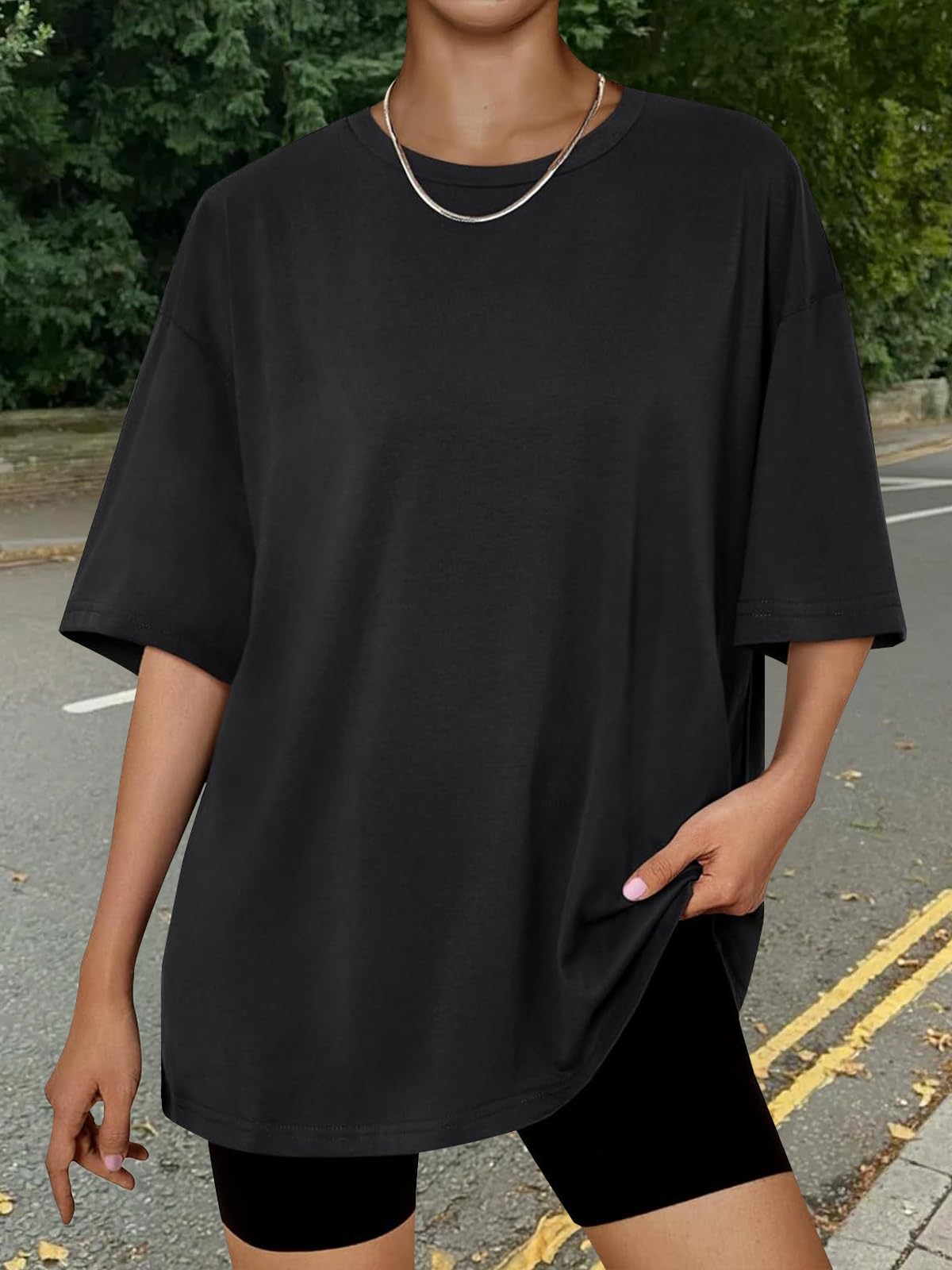 Trendy Queen Womens Oversized Sleep T Shirts Plus Size Capsule Wardrobe Tops Short Sleeves Fashion Workout Clothes 2026 Black M