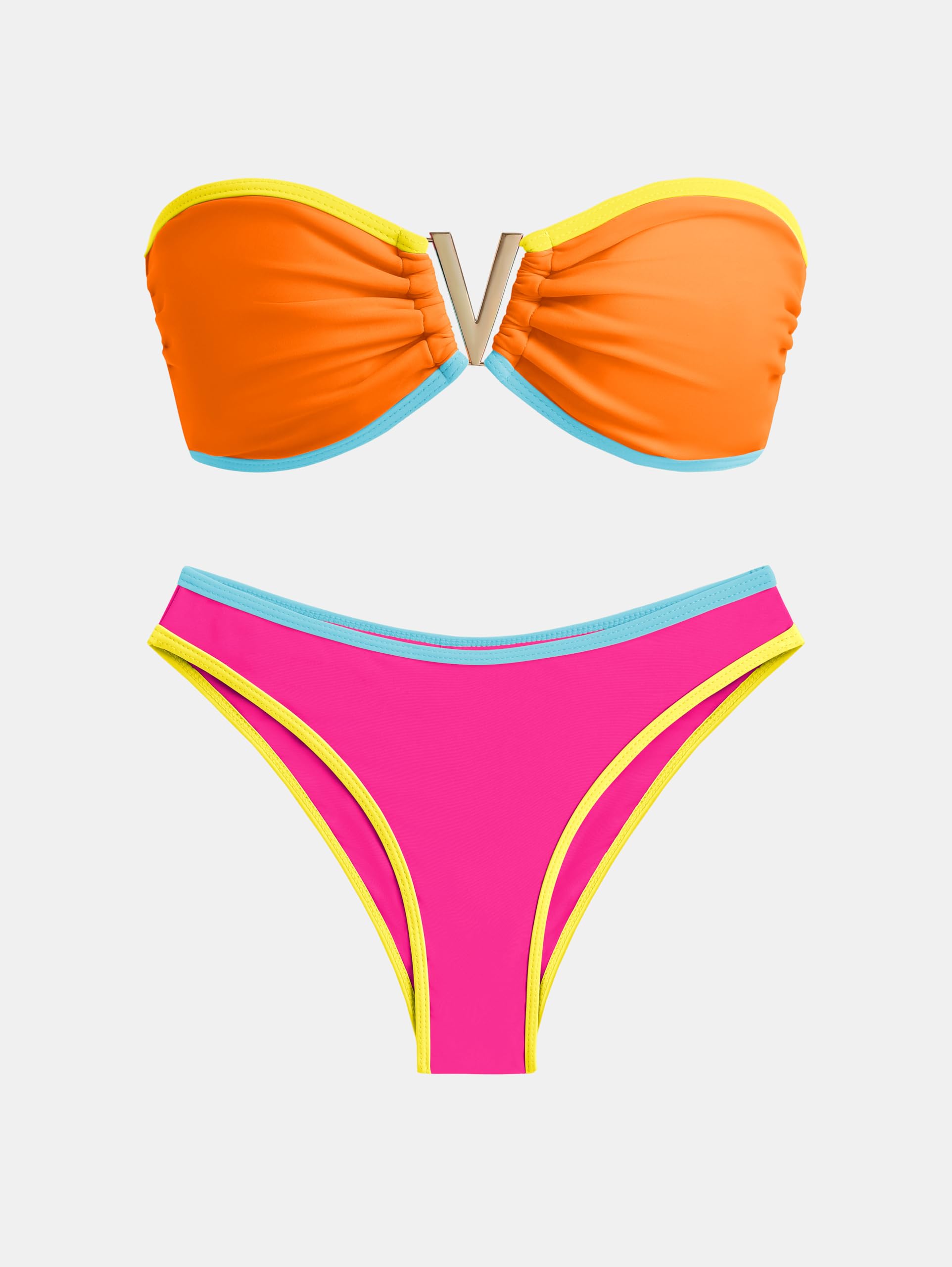 ZAFUL Women's Bandeau Bikini V Strapless Confetti Colorblock Tie Back High Cut Two Piece Swimsuit Bathing Suits (1-Orange, M)