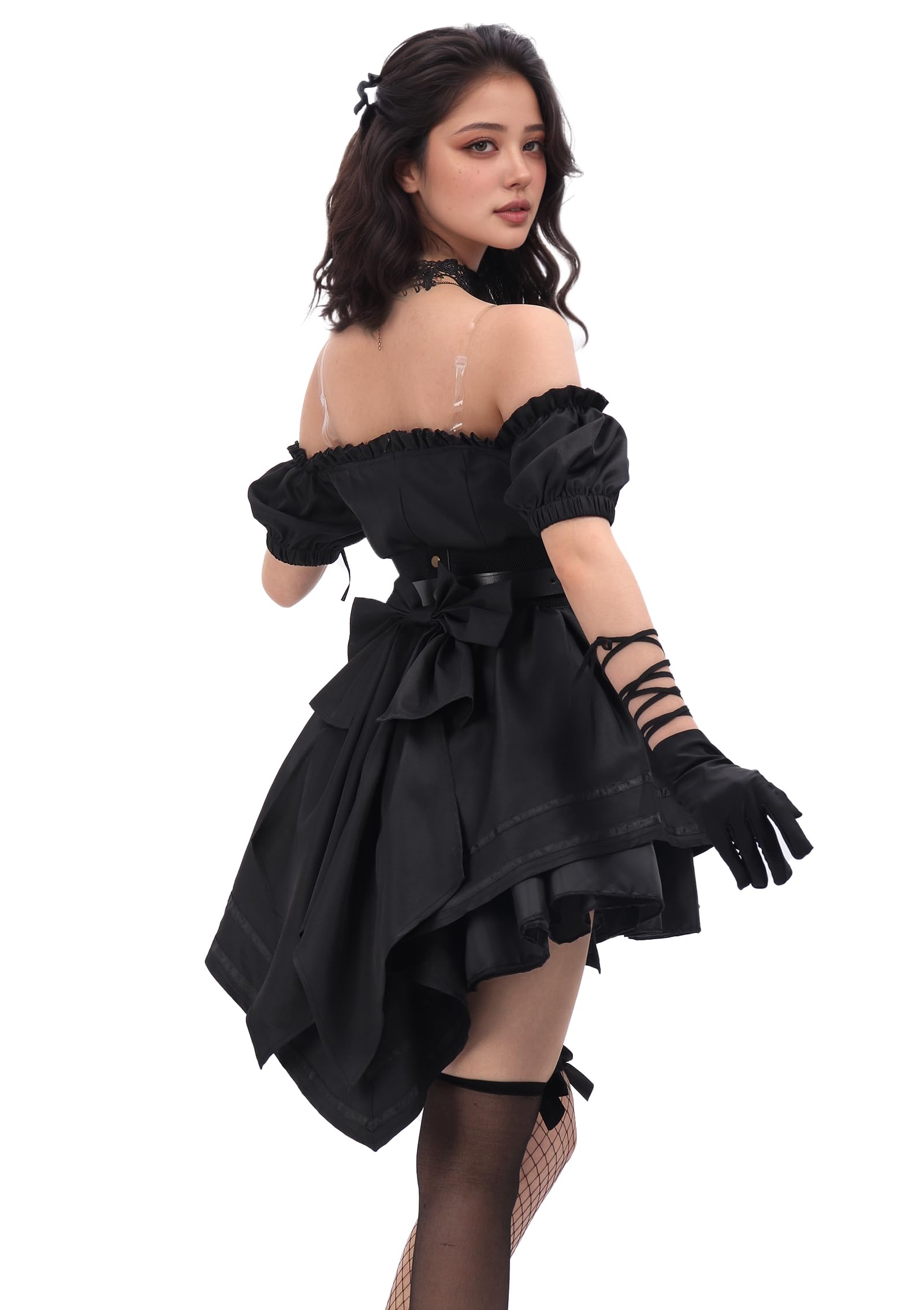 ANINECT Dark Elegance Gothic Off Shoulder Dress with Full Set Accessories for Renaissance Party, Black (X-Small)