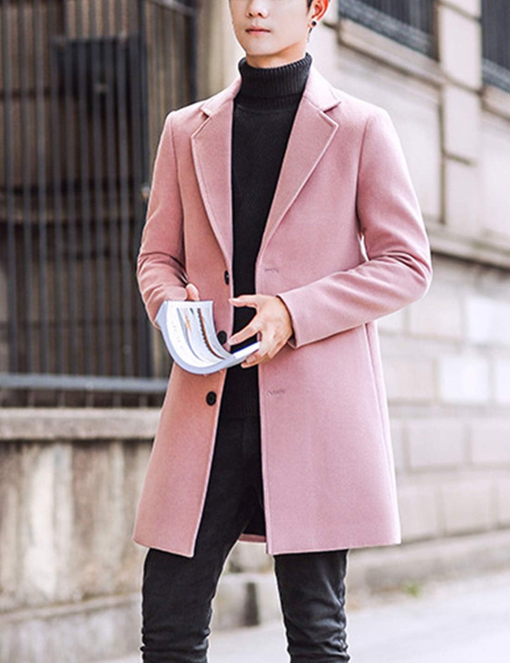 Springrain Men's Wool Blend Pea Coat Notched Collar Single Breasted Overcoat Warm Winter Trench Coat(Pink-S)