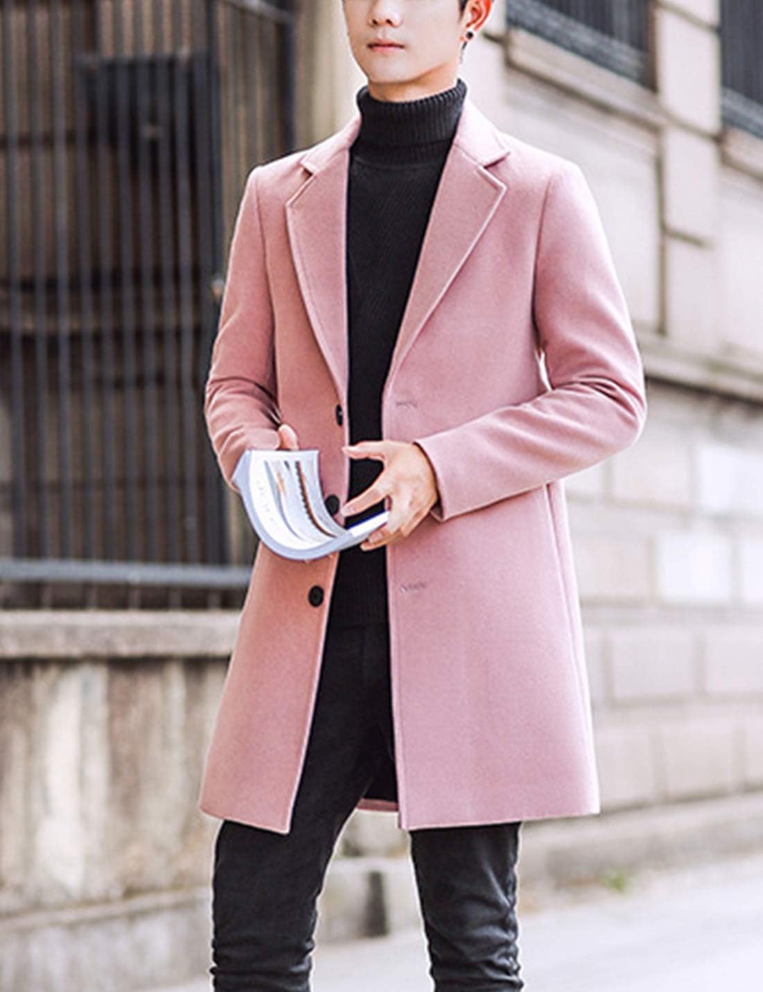 Springrain Men's Wool Blend Pea Coat Notched Collar Single Breasted Overcoat Warm Winter Trench Coat(Pink-S)